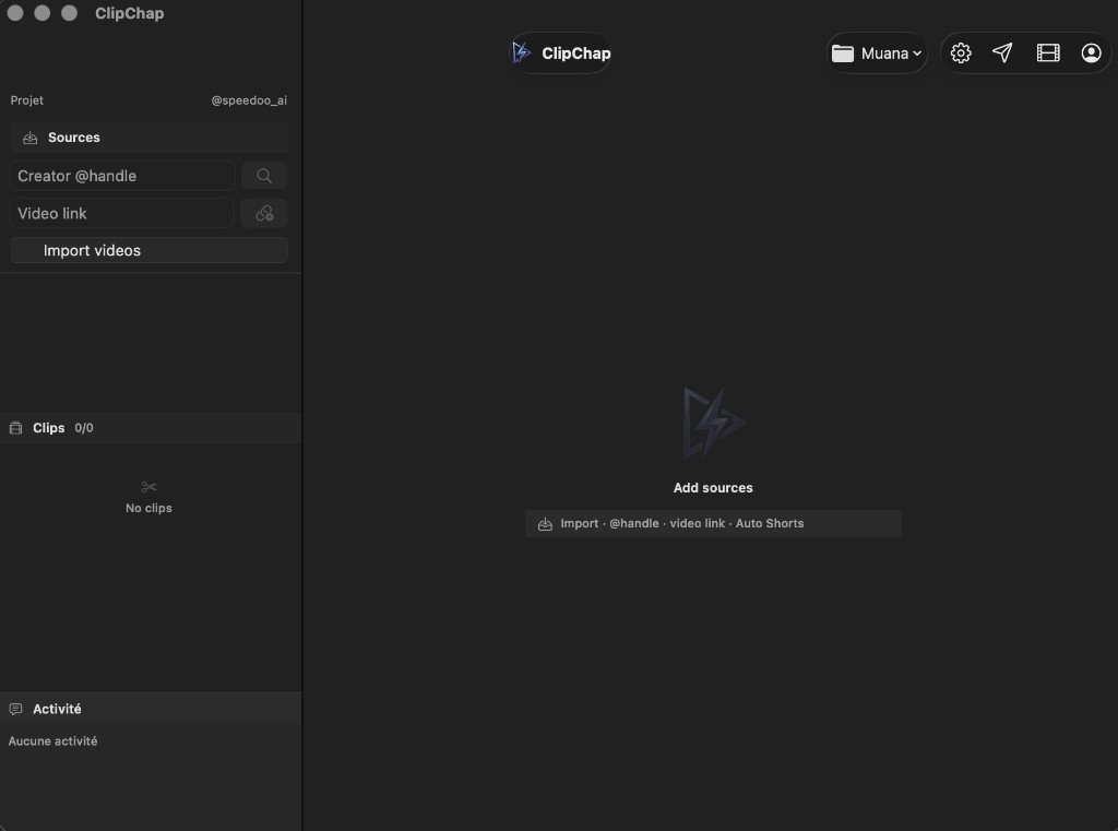 ClipChap app interface with source import, clips panel, and project workspace